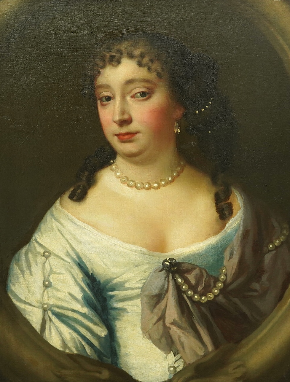 After Sir Peter Lely (1618-1680), Portrait of daughter of the Earl of Clarendon, Anne (Hyde), Duchess of York. Wife of James, Duke of York, wearing a pale blue dress and pearl jewellery, oil on canvas, 68 x 52cm